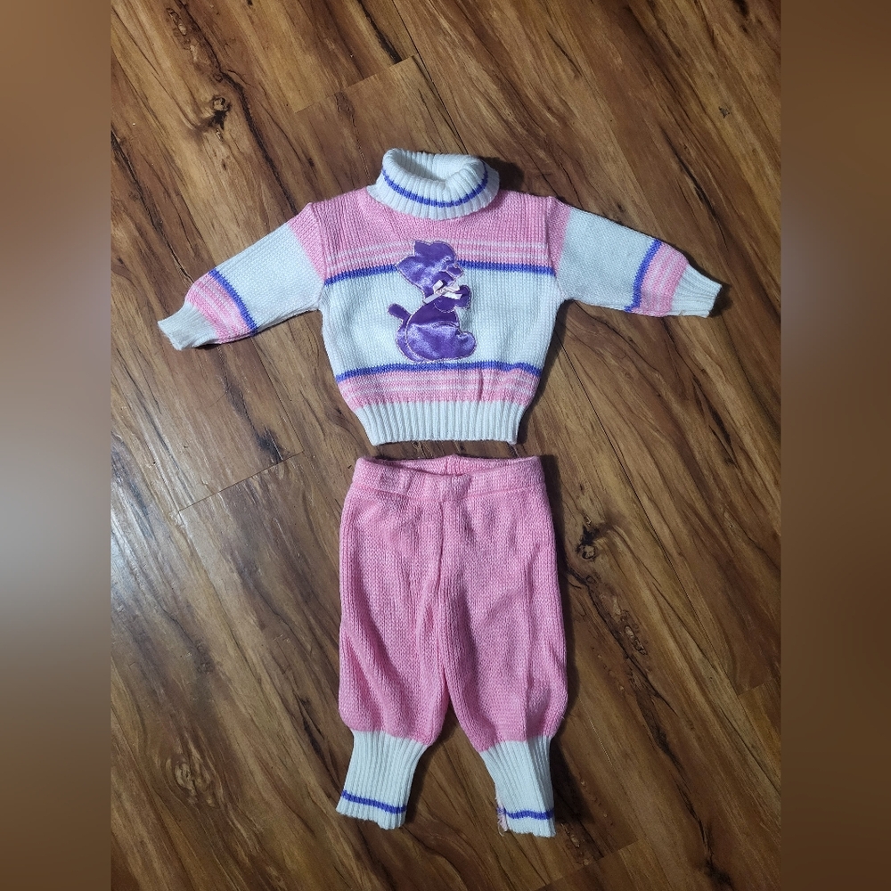 Vintage Baby Girl Clothes, Pants, Sweater,100% Acrylic,Pink,Purple, Kitten,12mo